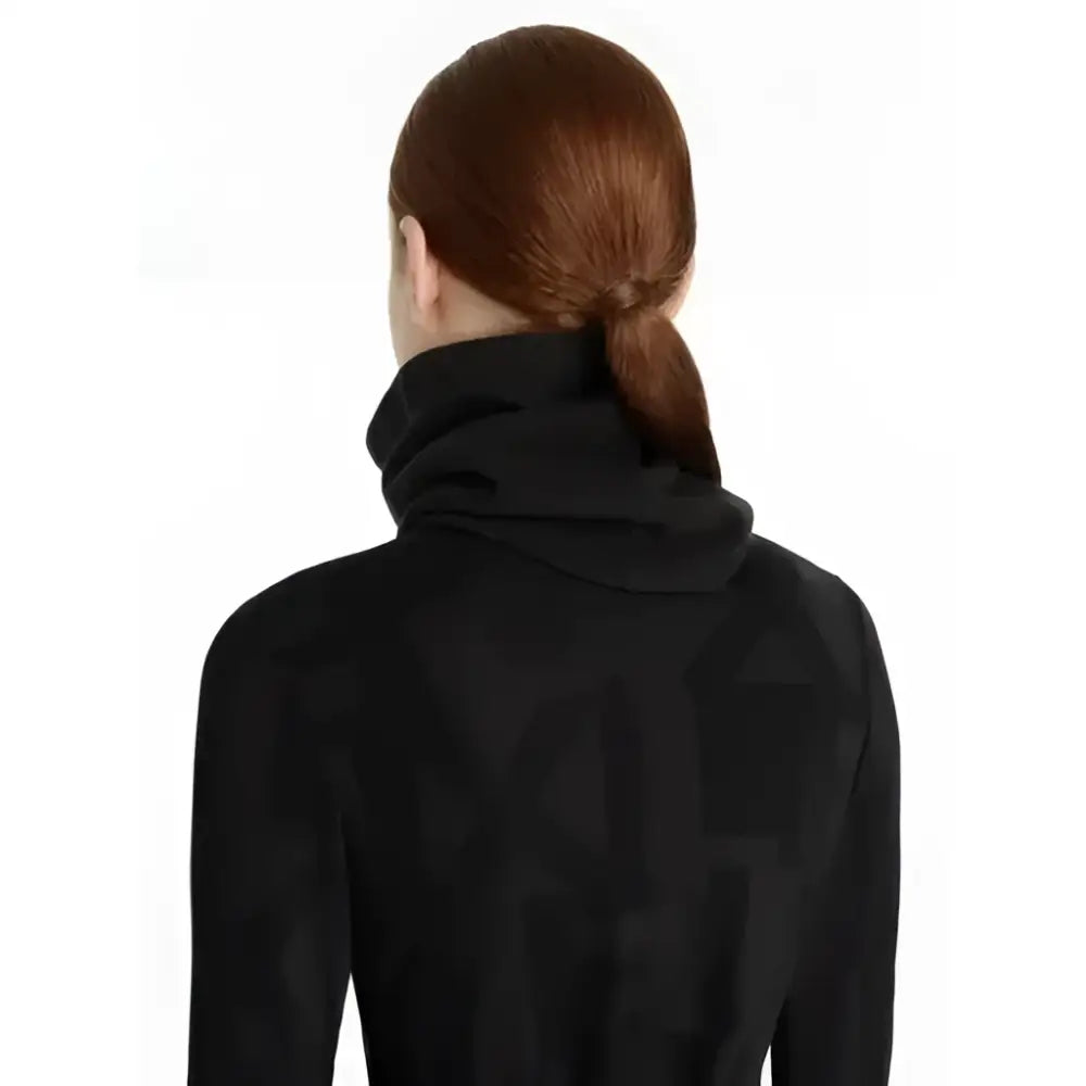 Black lemieux fleece snood hoodie with subtle geometric pattern made from soft fleece snood black material