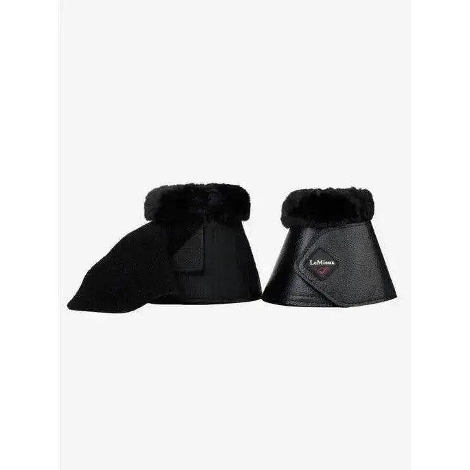 Black leather lemieux fleece wrapround overreach boots with plush fur trim and diamond brand logo reach boots black