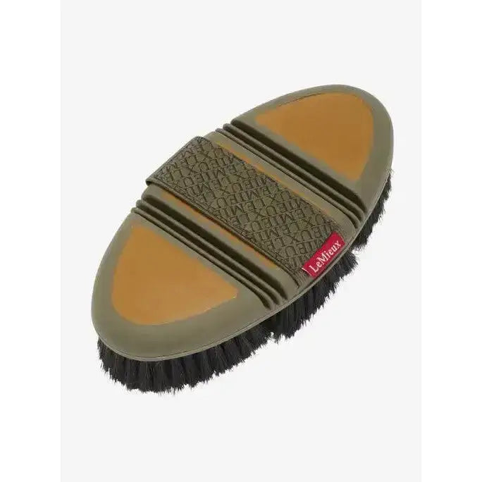 Olive green and tan lemieux flexi horse body brush with black horse hair bristles and textured strap for grooming