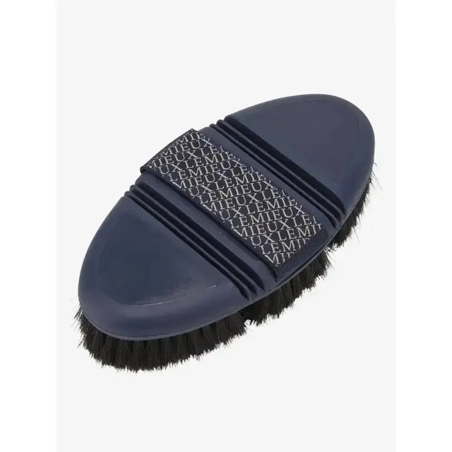 Navy lemieux flexi horse hair body brush with black bristles and repeating mieux lemi logo pattern on handle