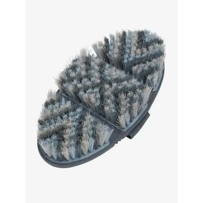 Lemieux flexi horse hair body brush with gray and white bristles and a black plastic handle for grooming