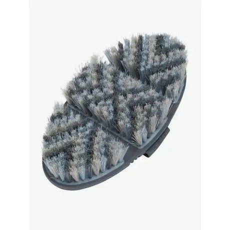 Lemieux flexi horse hair body brush with gray and white bristles and a black plastic handle for grooming