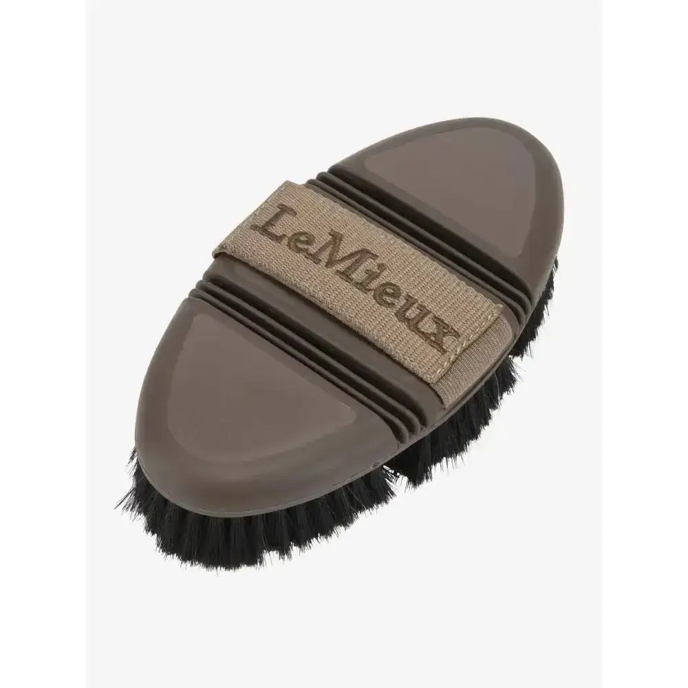 Brown lemieux flexi horse hair body brush with black bristles and textured strap for easy grooming
