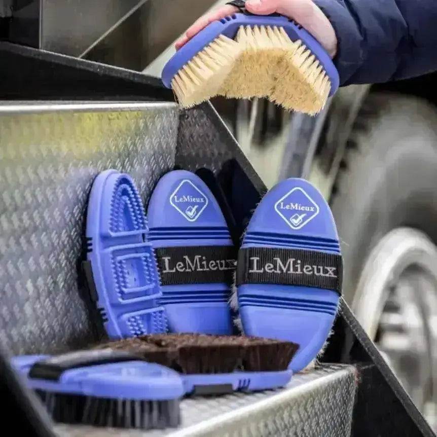 Blue lemieux flexi scrubbing brush bluebell hoof pick with textured grip and rubberized base for easy cleaning