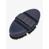 Navy lemieux flexi soft body brush with black bristles and repeating logo pattern handle for grooming use