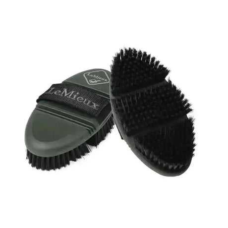 Dark green lemieux flexi soft body brush with black bristles and strap for gentle grooming of horses