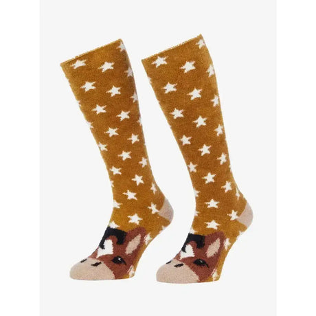 Warm mustard lemieux fluffy character socks chancer with white stars and mini lemieux pony faces on the toes