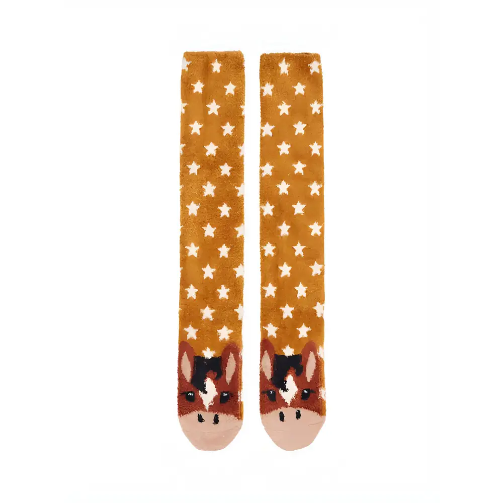 Mustard yellow fluffy character socks with white stars and cartoon horse faces at toes