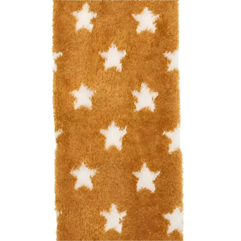 A plush caramel rug with white stars adds cozy charm to lemieux fluffy character socks chancer and mini lemieux pony