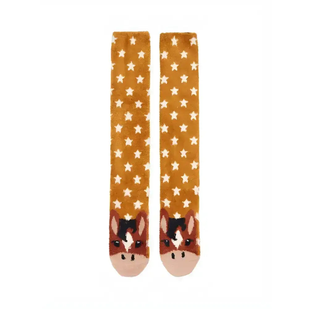 Tan lemieux fluffy character socks chancer with white stars and mini lemieux pony horse faces at the toes