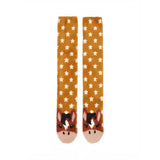 Tan lemieux fluffy character socks chancer with white stars and mini lemieux pony horse faces at the toes