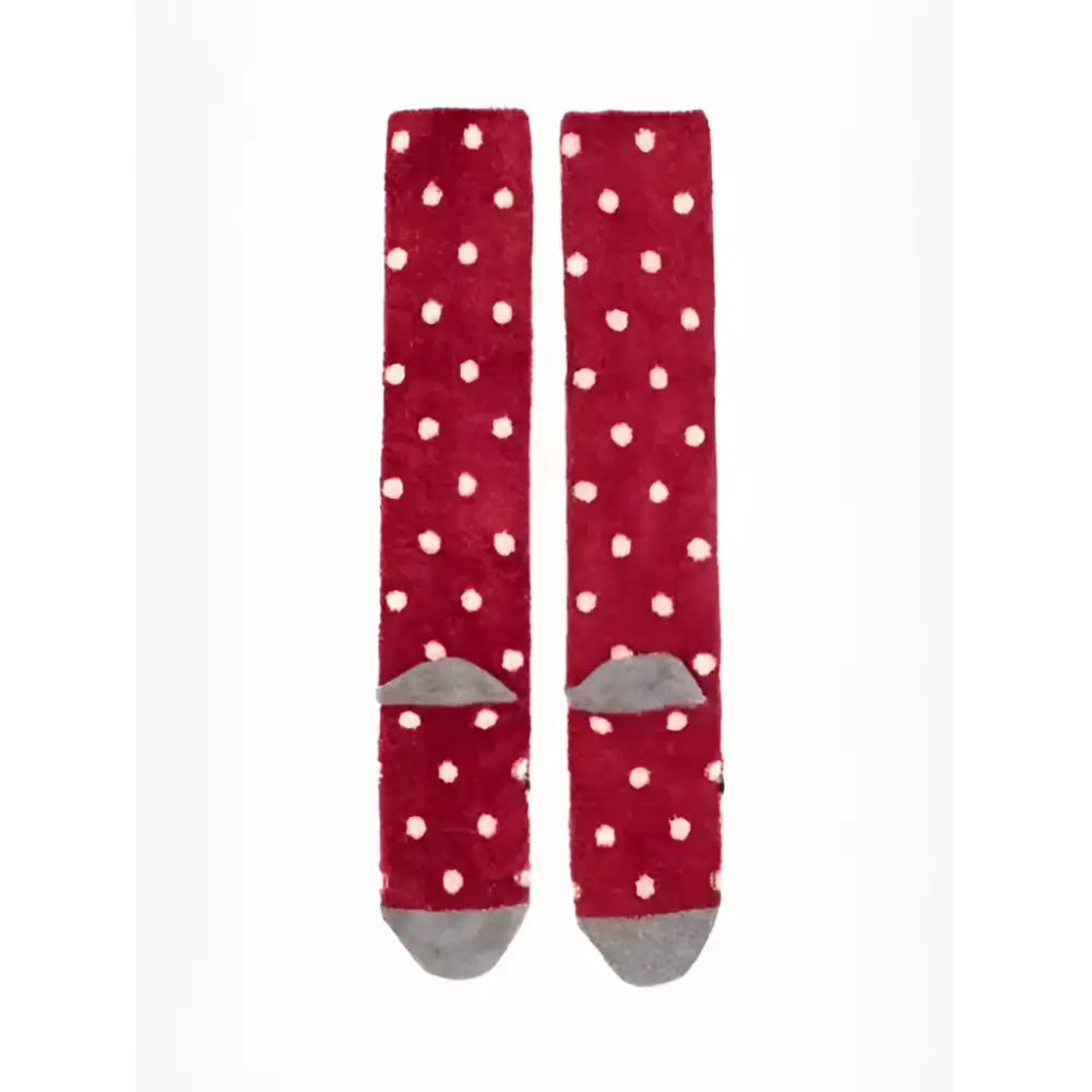 Red lemieux fluffy character socks razzle with white polka dots and gray toe caps perfect for cozy wear