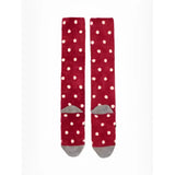 Red lemieux fluffy character socks razzle with white polka dots and gray toe caps perfect for cozy wear