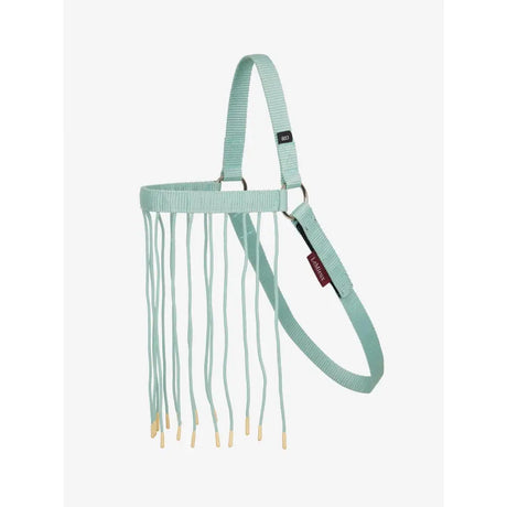 A mint green lemieux fly fringe aqua horse halter with ribbed fabric strap and beige tipped tassels