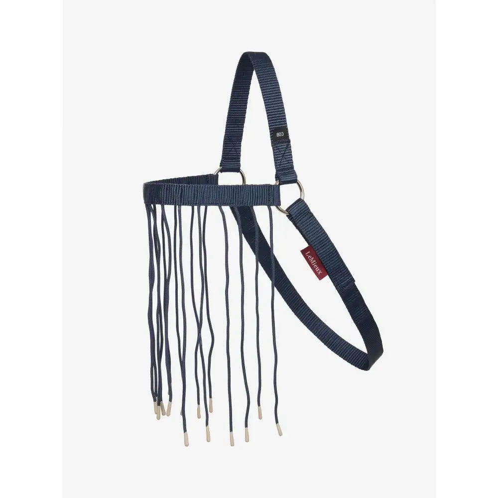 Dark blue woven nylon horse halter with fringe lemieux detailing and metal hardware from lemieux fly fringe fly dusk collection