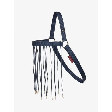 Dark blue woven nylon horse halter with fringe lemieux detailing and metal hardware from lemieux fly fringe fly dusk collection