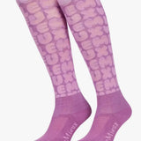 Purple lemieux footsie socks with bubble font fondant luxe pattern and brand name on the foot