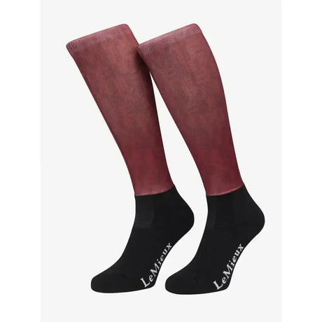 A pair of lemieux footsie socks in casey ember maroon and black with white embroidered logo for funky style riding