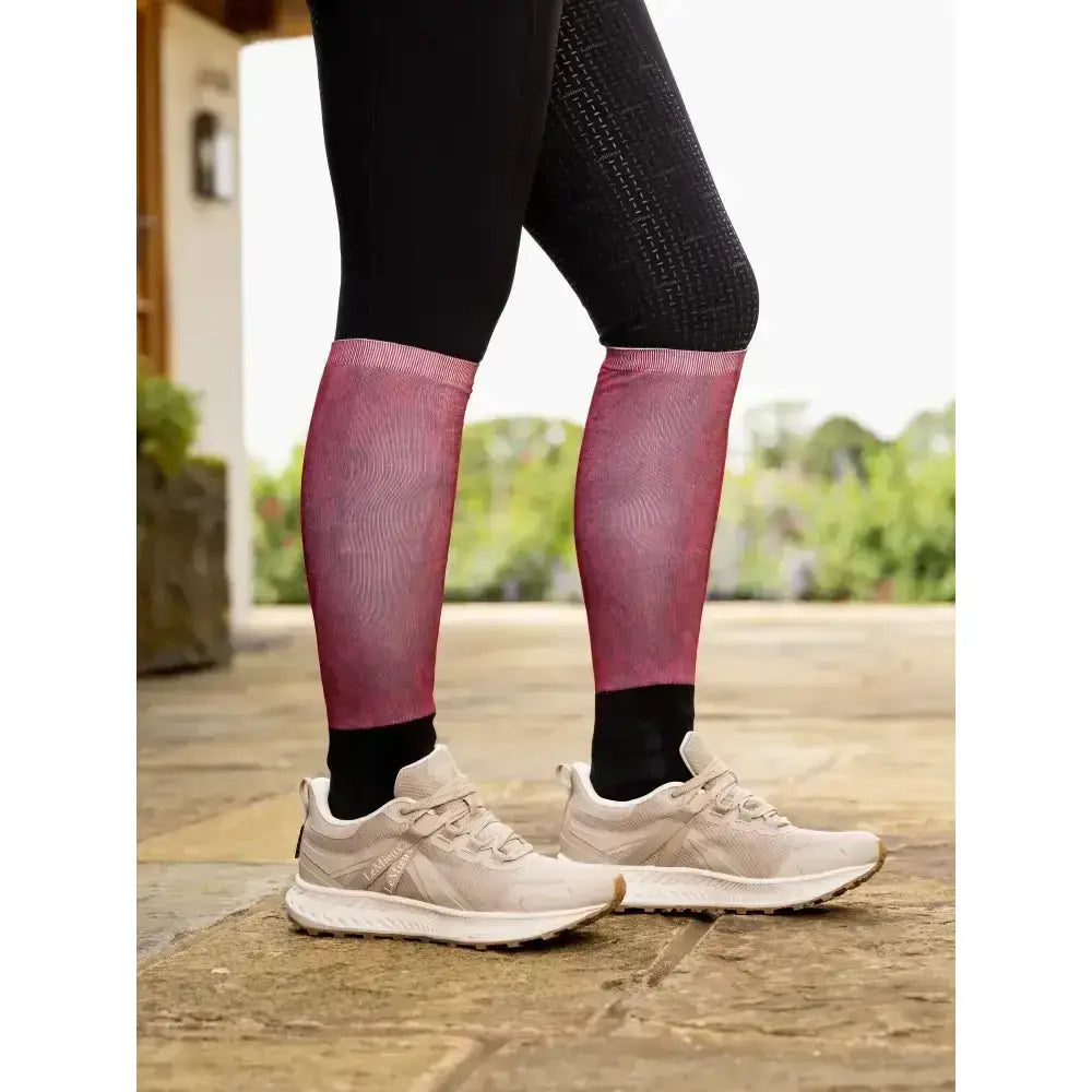 Pink gradient compression leggings with ribbed texture and black cuffs perfect with lemieux footsie socks casey ember funky style riding socks