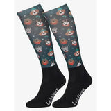 Dark green lemieux footsie socks christmas dogs with festive cartoon holiday hats and black brand foot sections