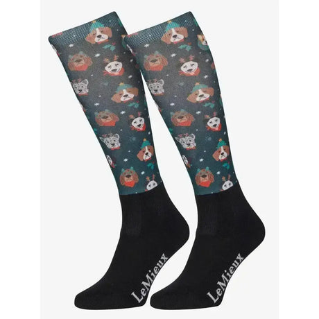 Dark green lemieux footsie socks christmas dogs with festive cartoon holiday hats and black brand foot sections