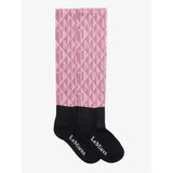 Pink and black lemieux footsie socks clea dusk with repeating monogram pattern and lemieux embroidered on foot