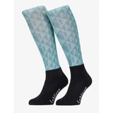 Light blue and black lemieux footsie socks clea lagoon with geometric pattern and brand name embroidered on foot
