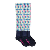 A pair of lemieux footsie socks flamingo with pink flamingos holding blue fans on mint background with navy cuffs