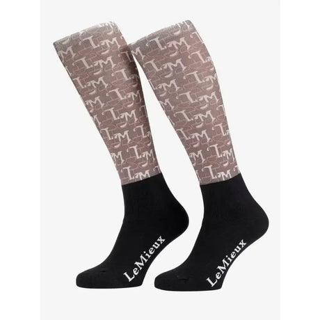 Lemieux footsie socks florence walnut with taupe and white monogram pattern and black toe and heel sections