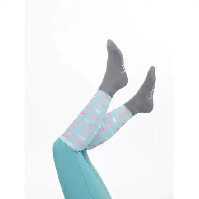 Light blue lemieux footsie socks flying pigs with playful pink flamingo pattern paired with dark gray lambs & ivy socks