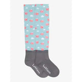A pair of lemieux footsie socks flying pigs in light blue with pink piglets white clouds and gray cuffs