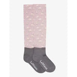 Pink and gray lemieux footsie socks lemon with subtle white llama pattern and lemieux branding on the foot
