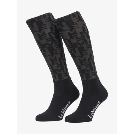 Black lemieux footsie socks logo aop featuring dark gray logo pattern and white embroidered brand name on the foot