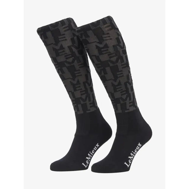 Black lemieux footsie socks logo aop featuring dark gray logo pattern and white embroidered brand name on the foot