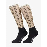 Beige and black lemieux footsie socks with brown horse pattern and white brand name on ankle cuff for socks saddle pads
