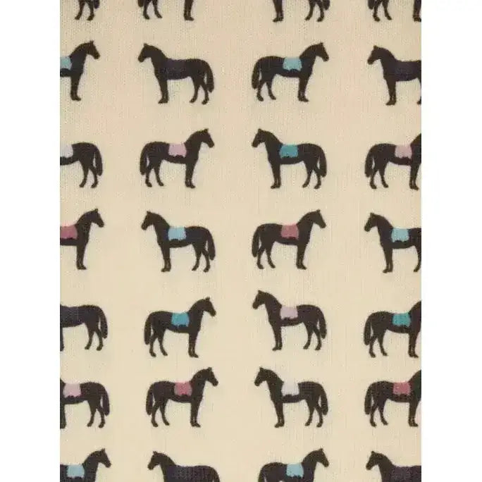 Cream lemieux footsie socks saddle pads with black horse silhouettes and blue pink saddle accents on fabric