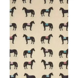 Cream lemieux footsie socks saddle pads with black horse silhouettes and blue pink saddle accents on fabric