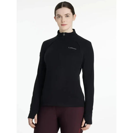 Black lemieux frances quarter zip fleece with high collar and subtle embroidery perfect for athletic wear
