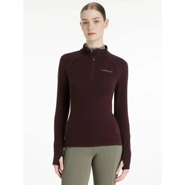 A maroon lemieux fleece damson frances quarter zip with long sleeves, quarter-zip collar, and subtle chest logo