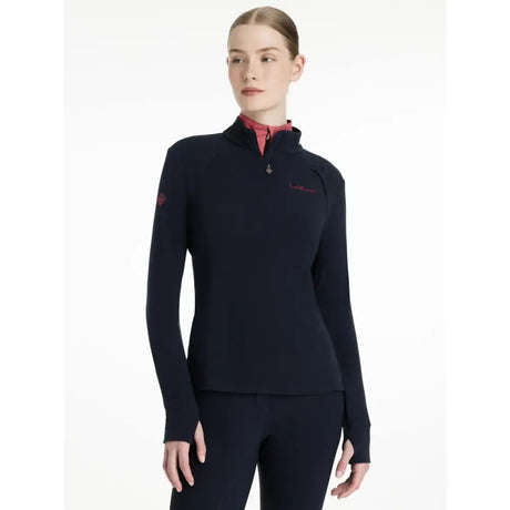 Navy blue lemieux frances quarter zip fleece navy with red inner collar and subtle brand embroidery for active wear