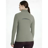Olive green lemieux frances quarter zip fleece rosemary jacket with long sleeves high collar and back cutout view