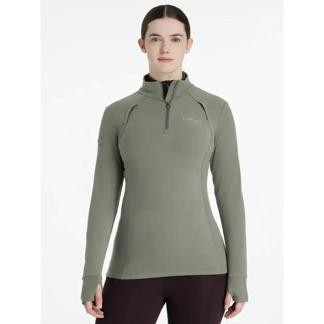 Olive green lemieux frances quarter zip fleece rosemary with long sleeves and subtle brand logo on chest