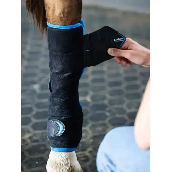 Black lemieux freeze flow ice boot hind leg wrap with blue trim and silver crescent logo shown from back side