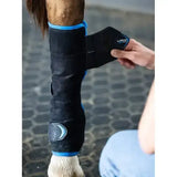Black lemieux freeze flow ice boot hind leg wrap with blue trim and silver crescent logo shown from back side