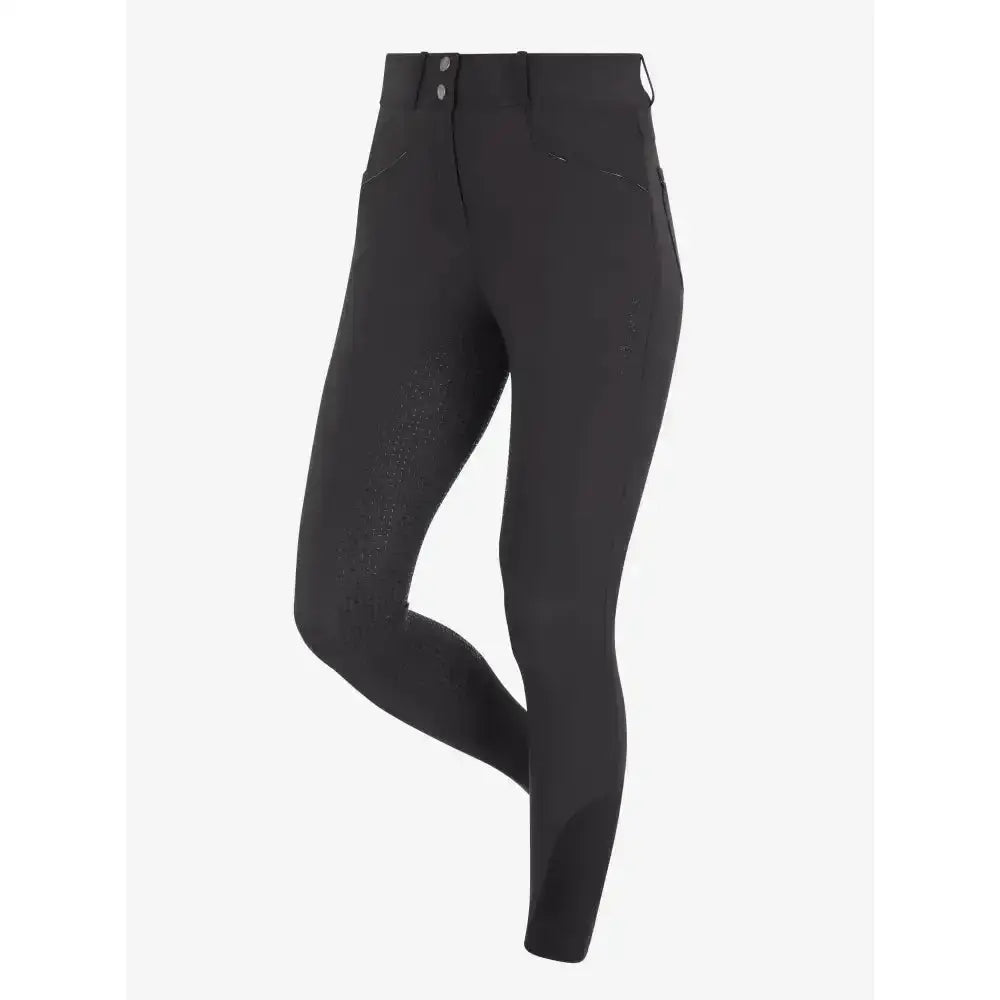 Black high waist riding pants with button closure and subtle texture on thighs lemieux freya pro breech grey