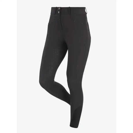 Black high waist riding pants with button closure and subtle texture on thighs lemieux freya pro breech grey