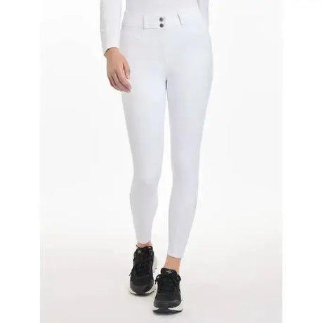 White lemieux freya pro breeches with fitted design and two black buttons made from highly durable fabric