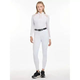 White long-sleeved lemieux freya pro breeches with sheer mesh panels and quarter-zip in highly durable fabric