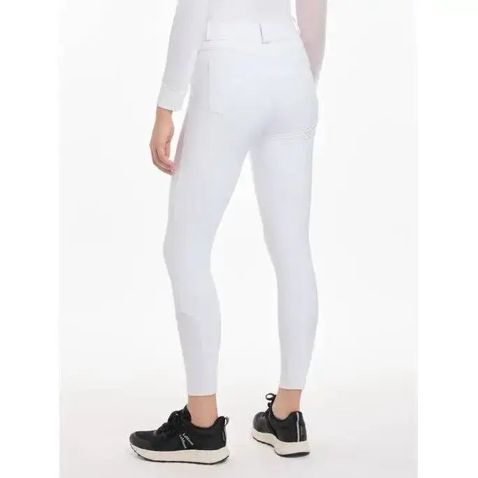 White lemieux freya pro breeches back view with sleek fit subtle branding and highly durable fabric design