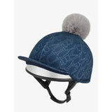 Navy blue lemieux frieda hat silk cover with light gray lettering pattern and fluffy silver pom-pom on top